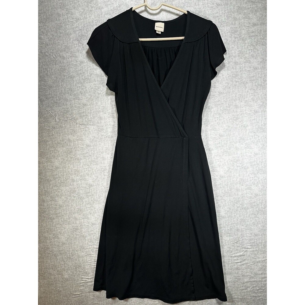 Merona Black A-Line Dress Size XS Short Cap  Sleeve Knee Length V-Neck Faux Wrap